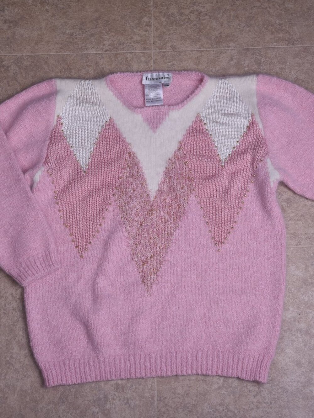 Vintage 80s Franco Valeri Pink Beaded Angora Rabbit Hair Blend Chevron Sweater